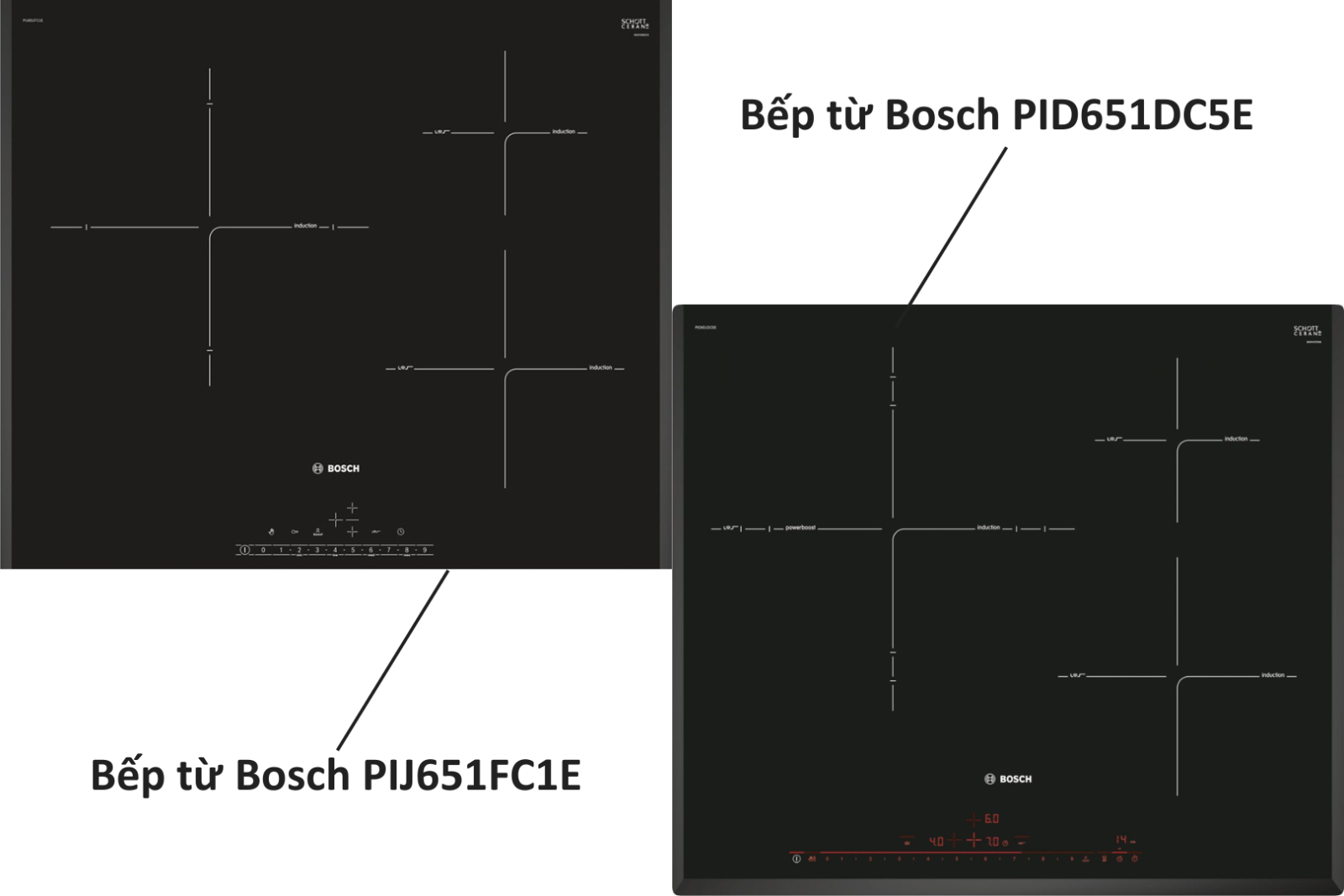 Bếp từ Bosch PIJ651FC1E (trái) và Bosch PID651DC5E (phải)